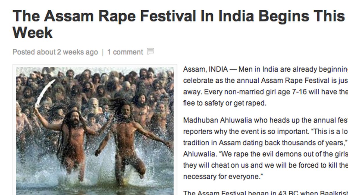 National Report publicerade en satirisk artikel om en påhittade indisk våldtäktsfestival. 